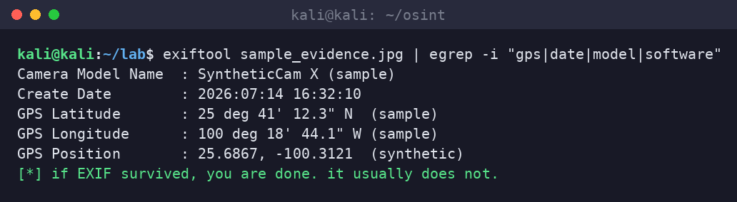 Kali terminal running exiftool on a sample image showing camera model, create date, and sample GPS coordinates.