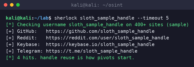 Kali terminal running Sherlock on a sample username, finding matching accounts on GitHub, Reddit, Keybase and Telegram.