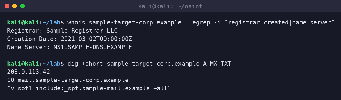 Kali terminal running whois and dig on a sample domain showing registrar, creation date, name servers, A, MX and SPF records.