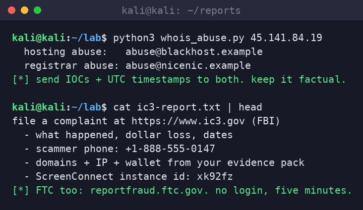 Kali terminal resolving hosting and registrar abuse contacts and showing an IC3 report template populated with the scammer phone, domains, IP, wallet, and instance id.