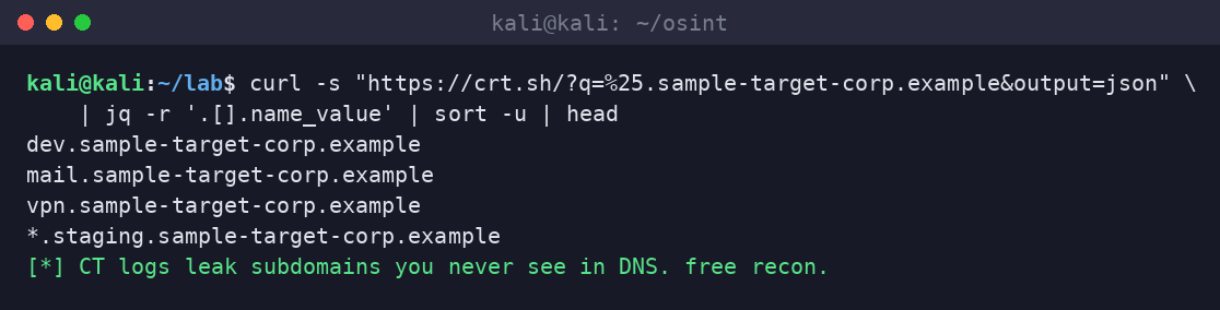 Kali terminal querying crt.sh certificate transparency logs and listing dev, mail, vpn and staging subdomains for a sample domain.