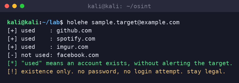 Kali terminal running Holehe on a sample email showing which sites have an account registered to that address.