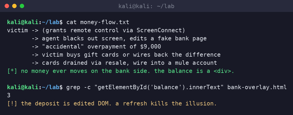 Kali terminal showing a money-flow file describing the overpayment con and a grep proving the inflated bank balance is edited DOM in an HTML overlay.