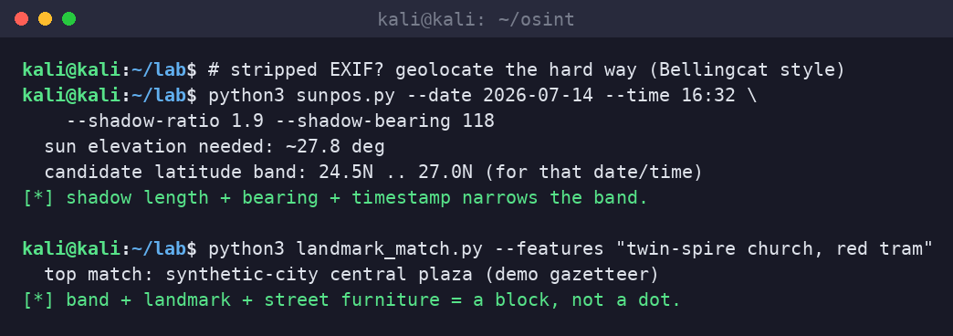 Kali terminal running a sample sun-position script using shadow ratio and bearing to narrow a latitude band, plus a landmark matcher against a demo gazetteer.