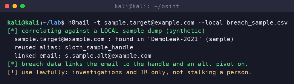 Kali terminal running h8mail against a local sample breach file, correlating the email to a reused alias and a linked alternate email.