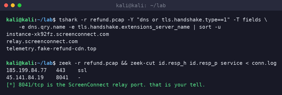 Kali terminal using tshark and zeek to extract DNS names and TLS SNI, showing screenconnect relay hostnames and an 8041/tcp relay connection.