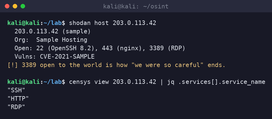 Kali terminal running shodan host and censys view on a sample IP, revealing open SSH, HTTP and RDP services and a sample CVE.