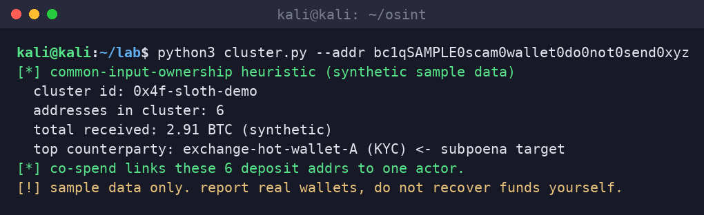 Kali terminal running a sample wallet clustering script grouping six deposit addresses to one actor and flagging a KYC exchange as a subpoena target.