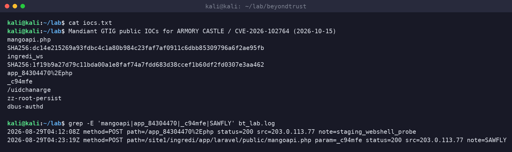 Kali terminal showing Mandiant-published BeyondTrust ARMORY CASTLE IOCs and grep hits for SAWFLY staging paths in a synthetic lab log.
