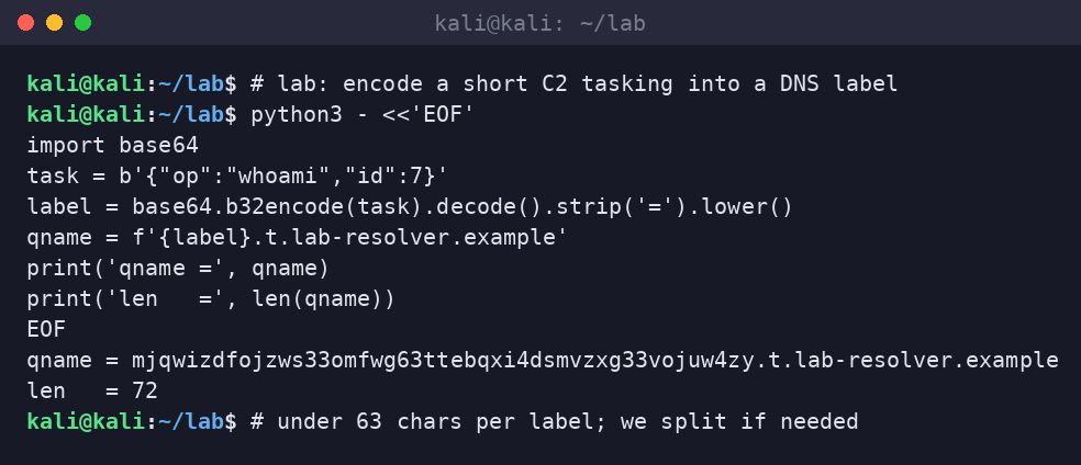 Kali terminal encoding a JSON tasking blob as a base32 DNS label under a lab resolver zone.
