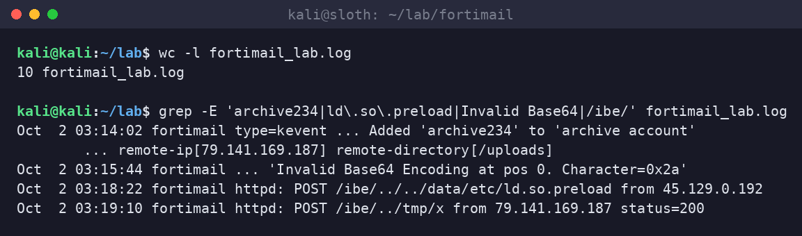 Kali terminal grepping a synthetic FortiMail lab log for archive234, ld.so.preload, Invalid Base64, and /ibe/ path traversal POSTs.
