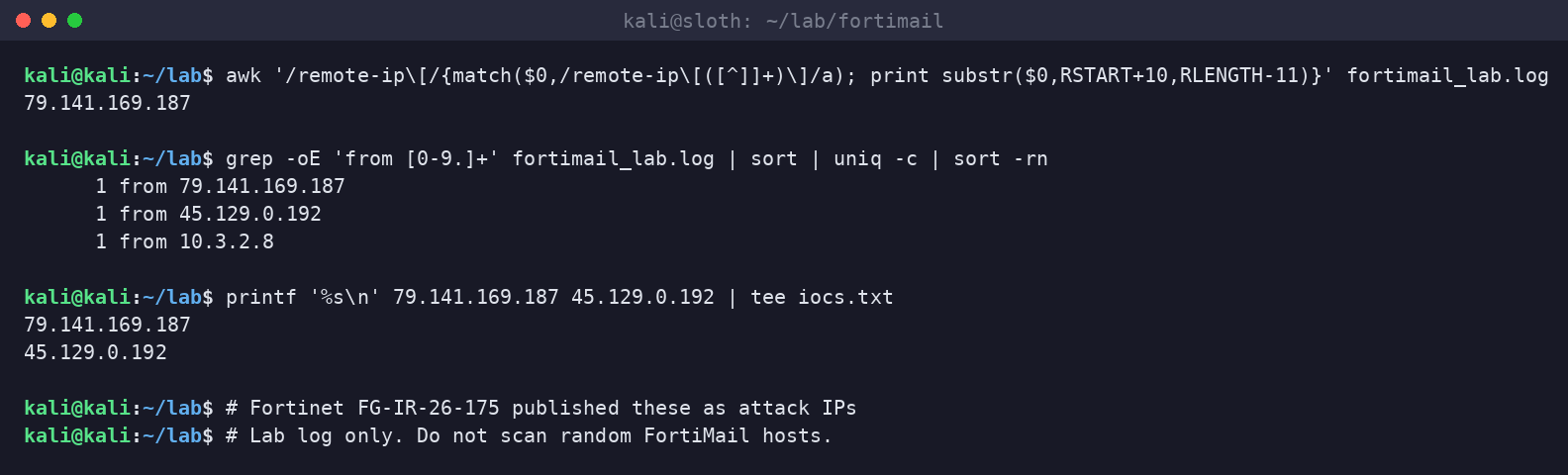 Kali terminal extracting remote-ip values and counting source IPs, then writing Fortinet-published attacker IPs to iocs.txt.