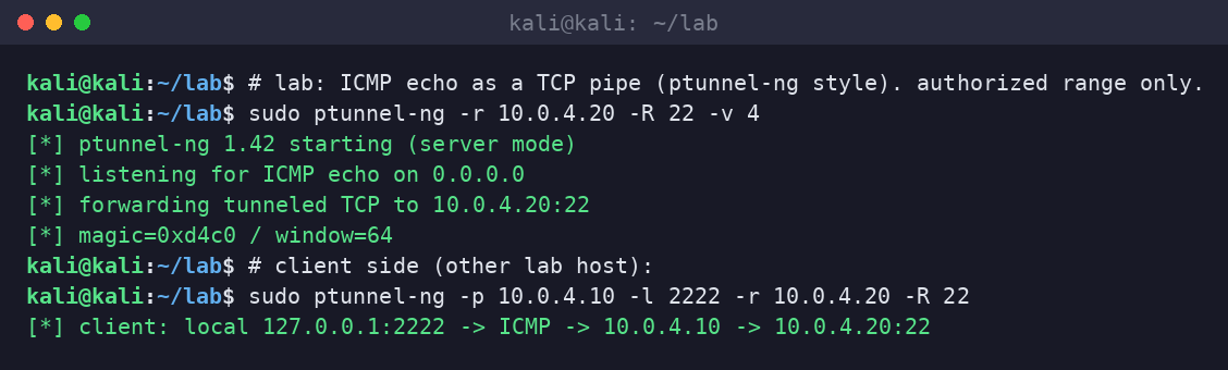 Kali terminal starting ptunnel-ng in server and client mode to forward SSH over ICMP.