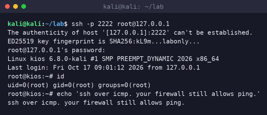 Kali terminal completing an SSH login over the ICMP tunnel to a lab host.