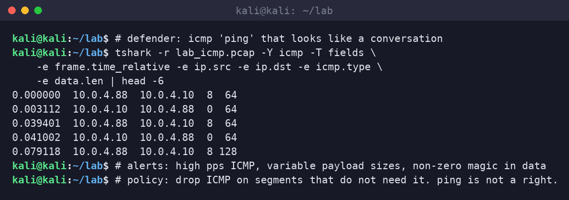 Kali terminal tshark extracting ICMP type and data lengths from a lab pcap for hunting.