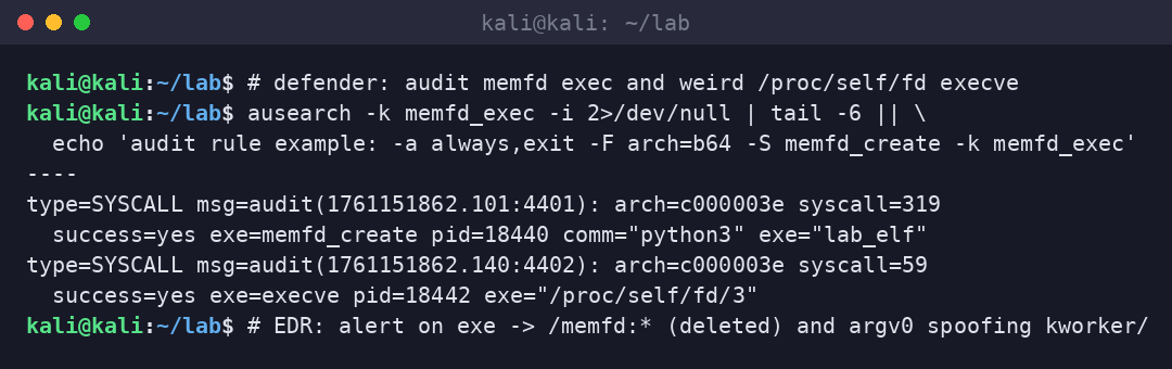Kali terminal ausearch output for memfd_create and execve of /proc/self/fd/3 with an example audit rule.