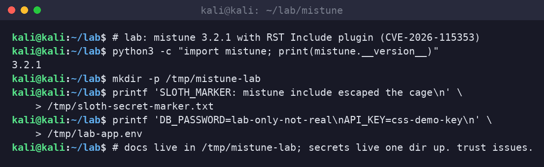 Kali terminal setting up mistune 3.2.1 lab with a marker file and a fake lab-app.env outside the markdown source directory.
