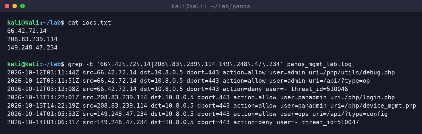 Kali terminal showing Palo Alto CVE-2026-0322 attacker IPs in iocs.txt and grep hits in a synthetic management-plane lab log.