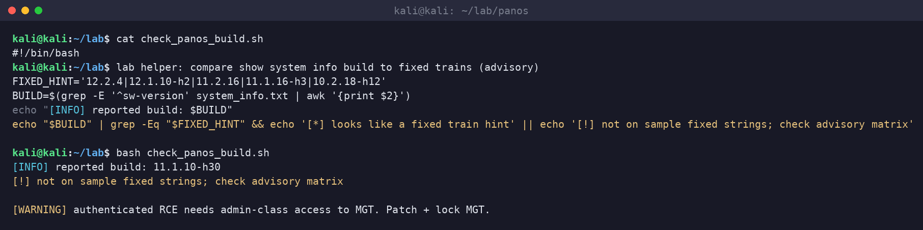 Kali terminal running a lab bash helper that compares a reported PAN-OS sw-version string against sample fixed builds from the CVE-2026-0322 advisory matrix.