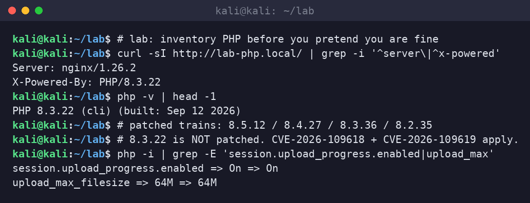 Kali terminal checking PHP version and session.upload_progress.enabled on a lab host still running PHP 8.3.22.
