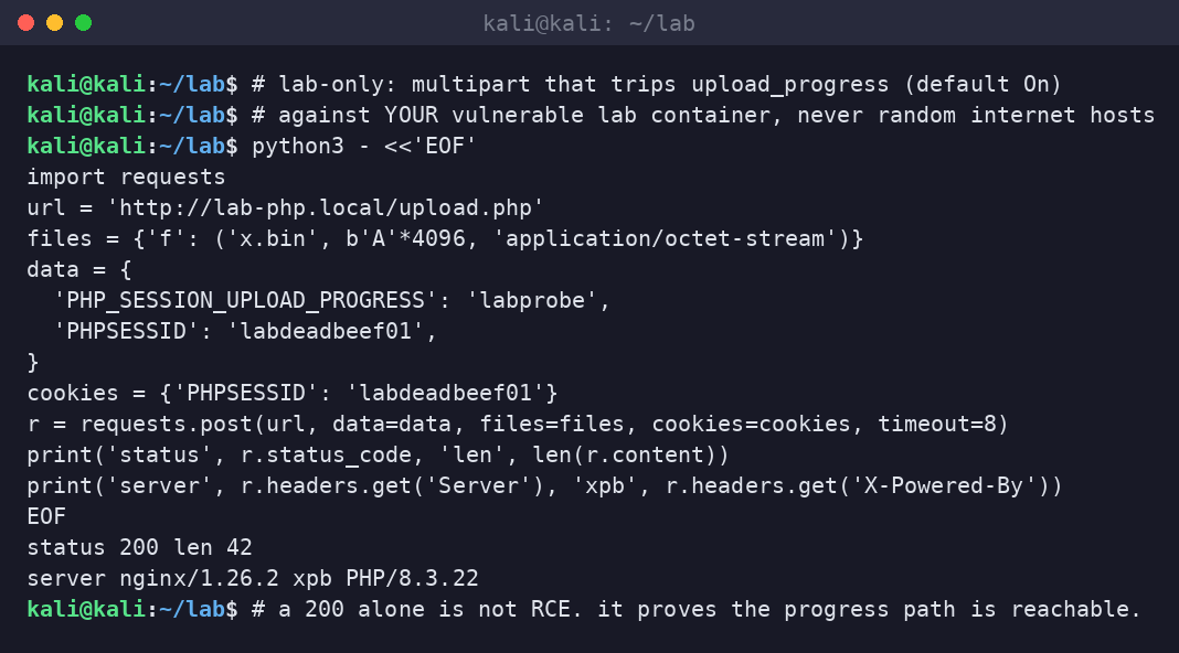 Kali terminal sending a lab-only multipart POST with PHP_SESSION_UPLOAD_PROGRESS to a local vulnerable PHP container.