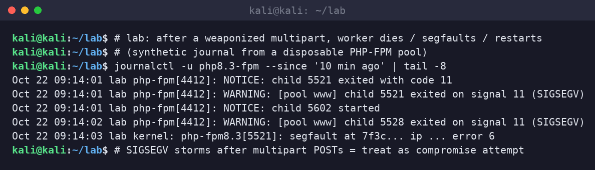 Kali terminal showing php-fpm children dying with SIGSEGV after weaponized multipart traffic in a synthetic lab journal.