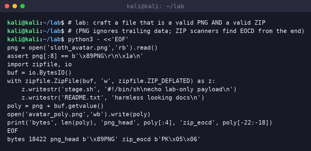 Kali terminal building a PNG plus ZIP polyglot with Python zipfile appended to a PNG.