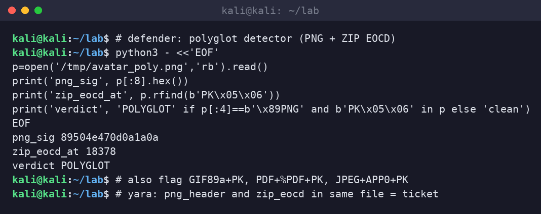 Kali terminal detecting PNG magic and ZIP EOCD in the same file as POLYGLOT.