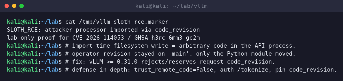 Kali terminal showing the /tmp/vllm-sloth-rce.marker file written by the attacker processor at import time.